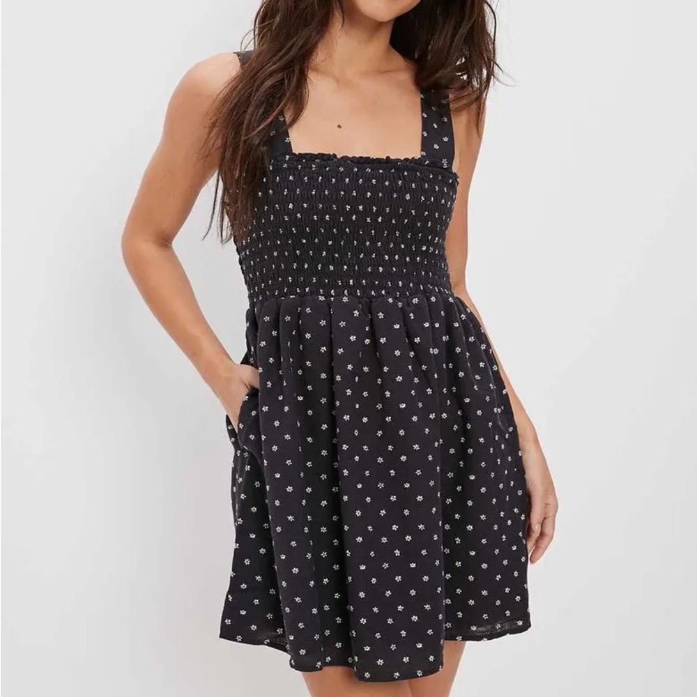 American Eagle Outfitters Black Mini Dress with White Floral Print